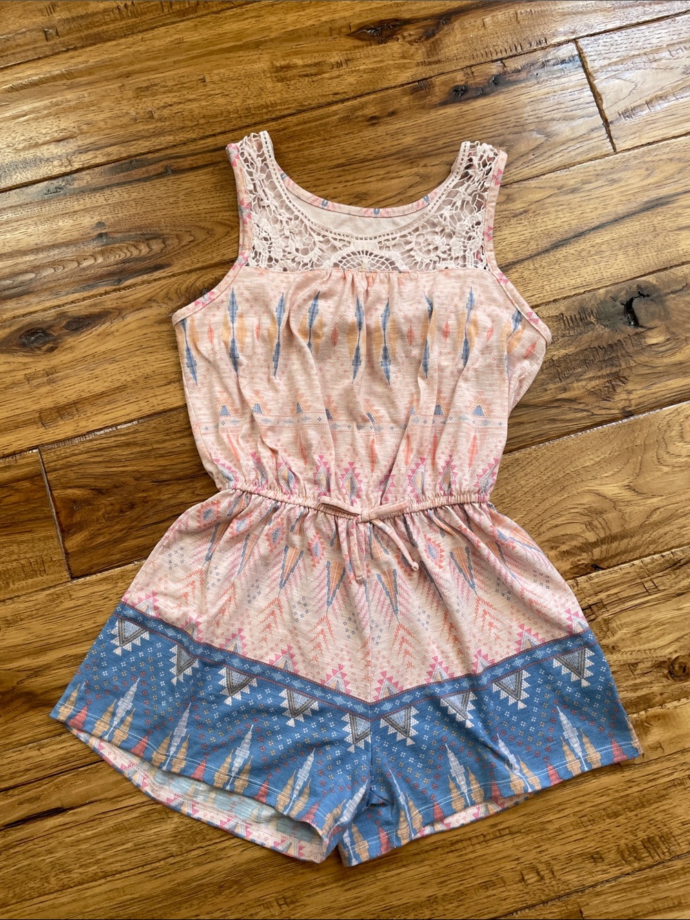 Mudd Pink and Blue Lace Yoke Printed Romper